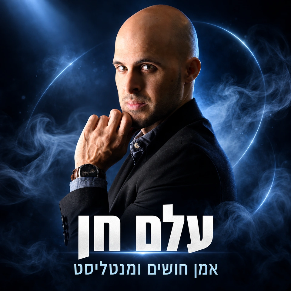 עלם חן — אמן חושים ומנטליסט, דיוקן על רקע כחול כהה בתאורה דרמטית