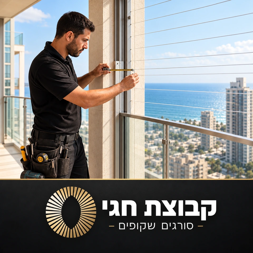 קבוצת חגי — הדמיית מתקין מודד סורגים שקופים במרפסת מול הים, לצד לוגו החברה בשחור וזהב