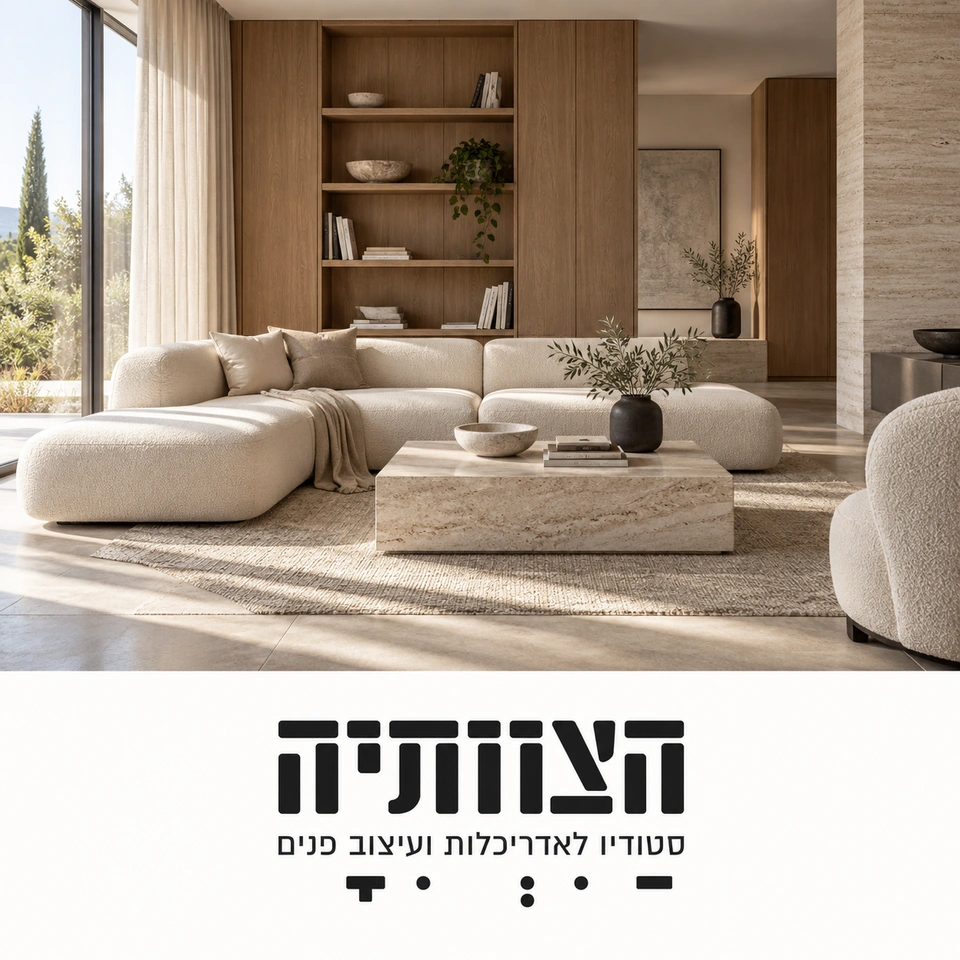 הצוותיה — הדמיית מותג עם חלל אדריכלי בגוונים טבעיים ולוגו הסטודיו