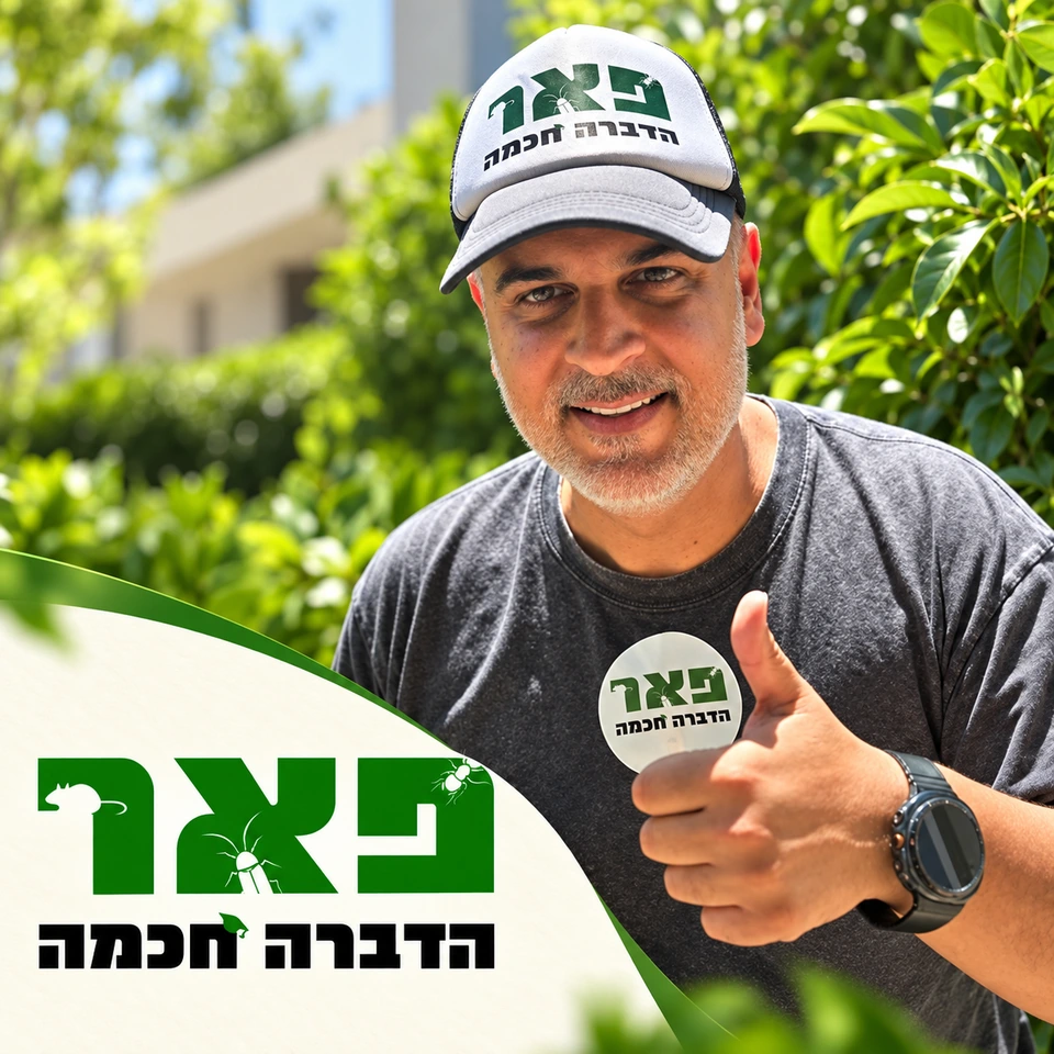 פאר הדברה חכמה — דיוקן עם כובע וחולצת המותג על רקע ירוק, לצד לוגו החברה