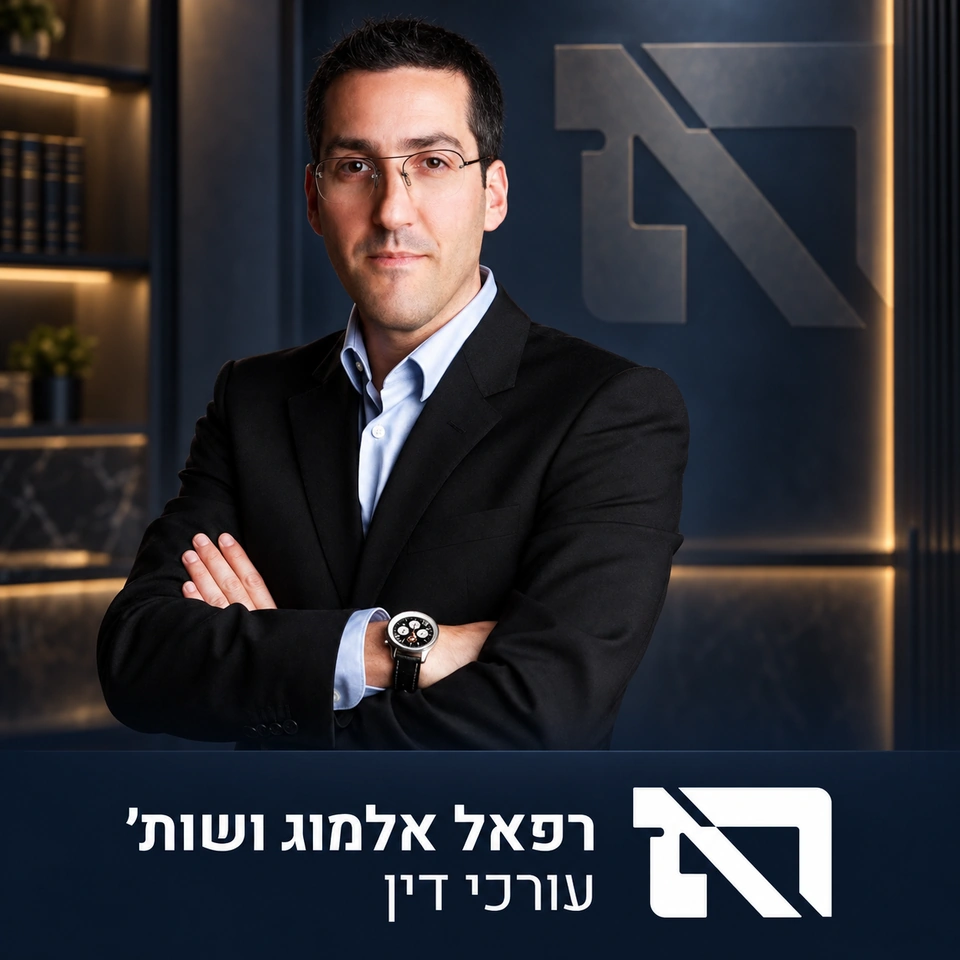 רפאל אלמוג ושות׳ — עורכי דין, דיוקן על רקע כחול עמוק והלוגו החדש של המשרד