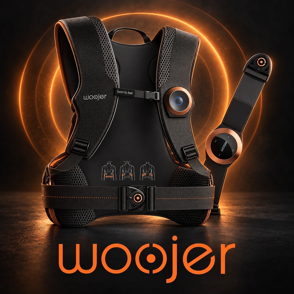 Woojer — אפוד ורצועה לחוויית סאונד מוחשית, בתאורה כתומה על רקע שחור עם לוגו המותג