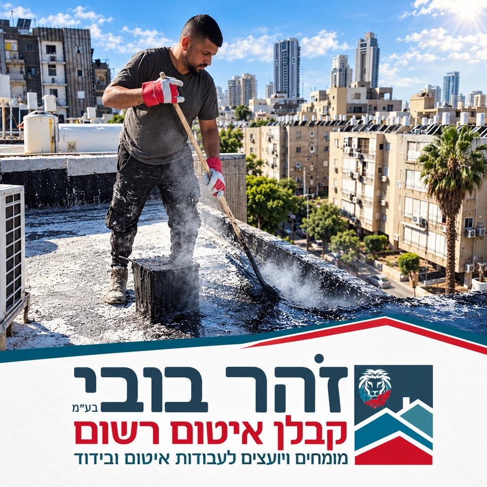 זהר בובי בע״מ — עבודת איטום גג על רקע העיר, לצד לוגו החברה והכיתוב קבלן איטום רשום