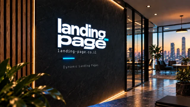 הדמיית מותג: לוגו Landing Page מואר על קיר כהה לצד חלונות לעיר בשקיעה