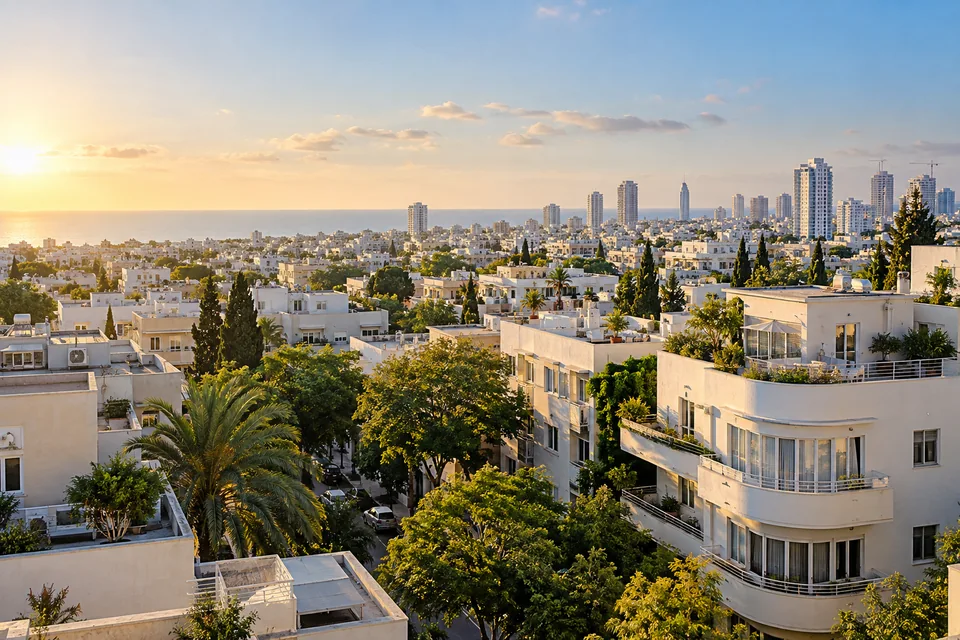 בניינים נמוכים, מרפסות ועצים בסביבה עירונית ים תיכונית