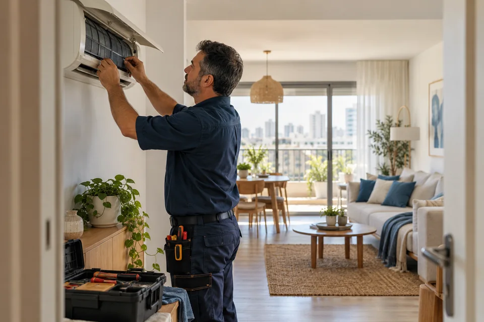 טכנאי מיזוג בודק מזגן בדירה לצד ארגז כלי עבודה